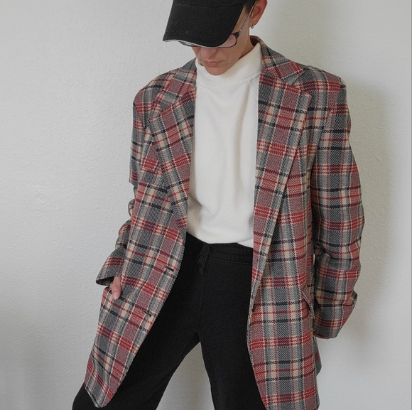 Double Knit Other - 🛷 Double Knit VTG Holiday Plaid Oversized 90s Blazer Jacket size 44R red grey